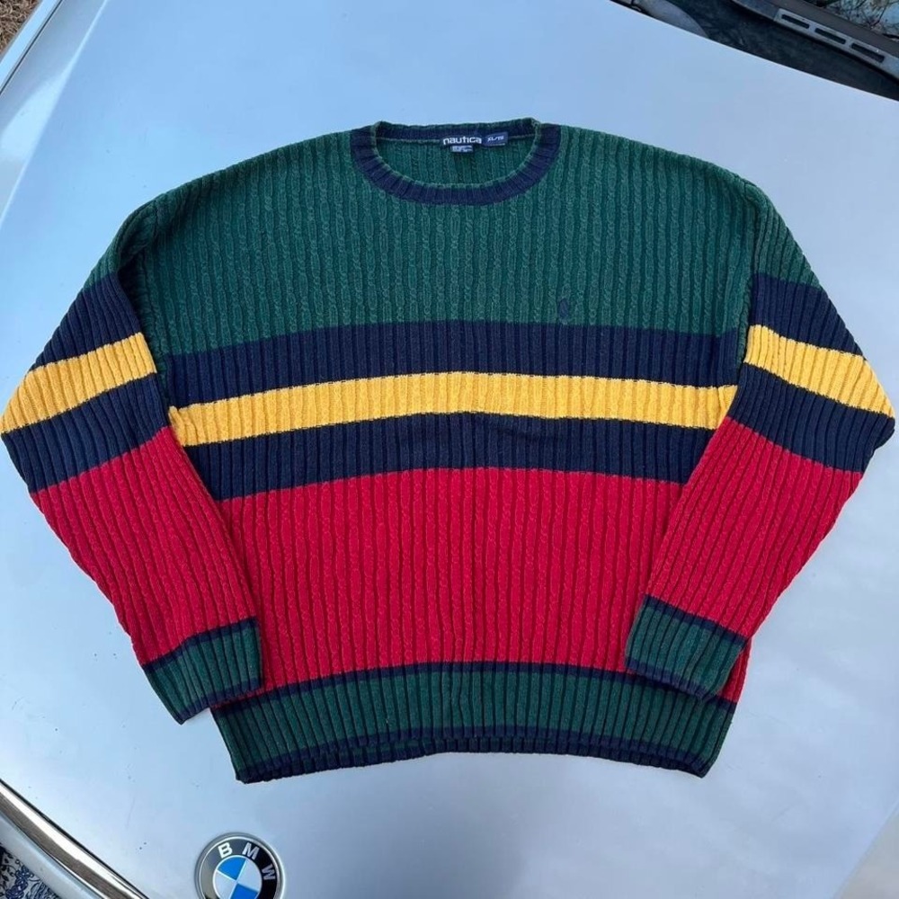 Vintage 90s Nautica green and blue striped sweater